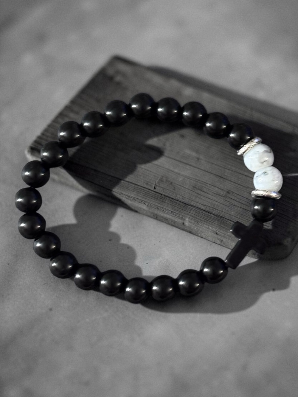 Men's Black Beaded Bracelet with White Accent Beads and Cross Charm